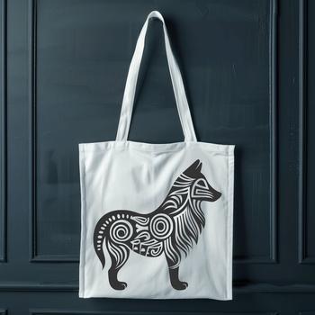 A detailed illustration of a standing Shetland sheepdog, depicted in a stylized manner with ornate details.