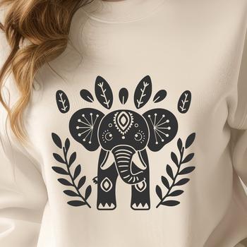 A stylized illustration of an elephant's head with ornate floral details.