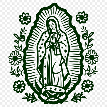 A detailed illustration of the Virgin Mary with ornate floral patterns and rich detail.