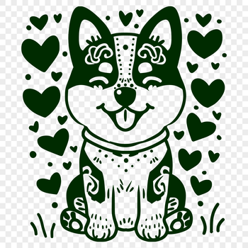 A Shiba Inu sitting in a relaxed pose with ornate love hearts surrounding its body.