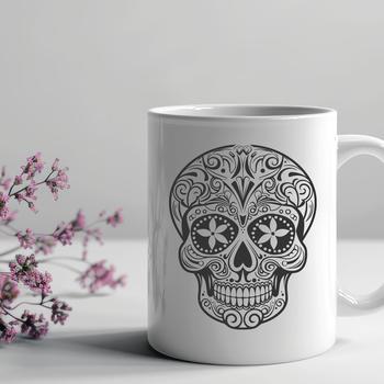 A gothic-inspired illustration of witchcraft symbols and ornaments, featuring a stylized skull motif.
