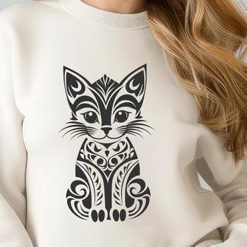 A sitting kitten with ornate details and delicate features.