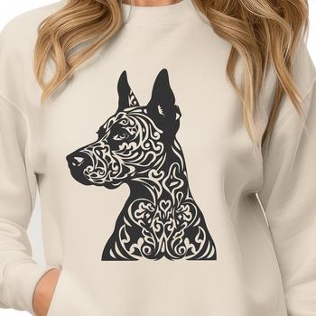 An illustration of a Doberman Pinscher's head with ornate details.