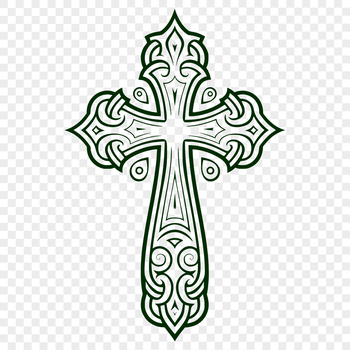A detailed illustration of an ornate crucifix, featuring intricate details.