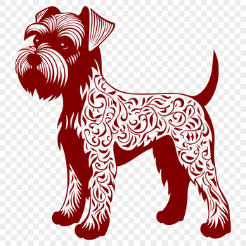 A close-up illustration of a small dog with ornate facial features.