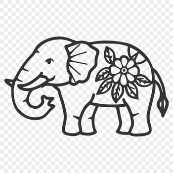 A standing full-body illustration of a majestic elephant with intricate floral details.