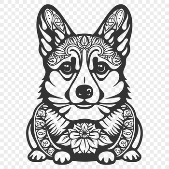 Close-up of a Welsh Corgi sitting in a garden surrounded by ornate floral patterns.