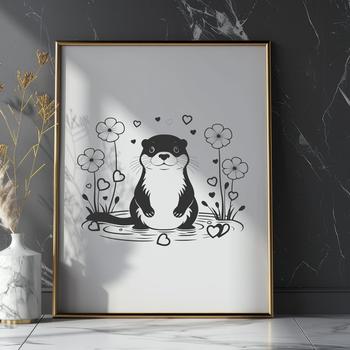 An illustration of a playful otter in a natural setting with water elements.