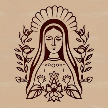 SVG illustration of a traditional depiction of the Virgin Mary, ornate floral design, suitable for various uses.