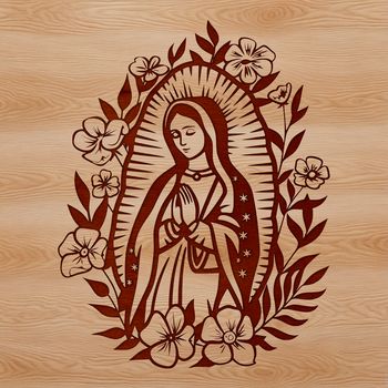 Image of the Virgin Mary with ornate floral patterns, a classic religious icon.