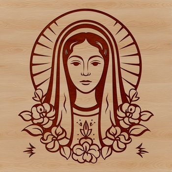 A detailed illustration of the Virgin Mary with ornate floral patterns.