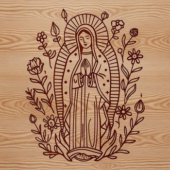 A traditional depiction of the Virgin Mary surrounded by ornate floral patterns.