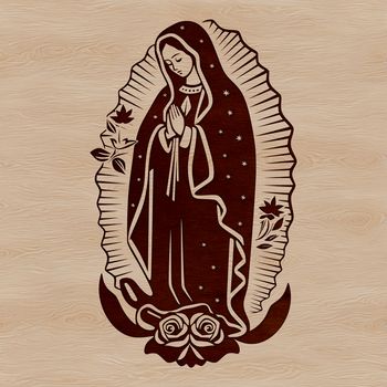 A traditional illustration of the Virgin Mary in ornate attire with floral patterns.