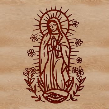 A detailed illustration of the Virgin Mary in a traditional ornate style with floral patterns and symbolism.
