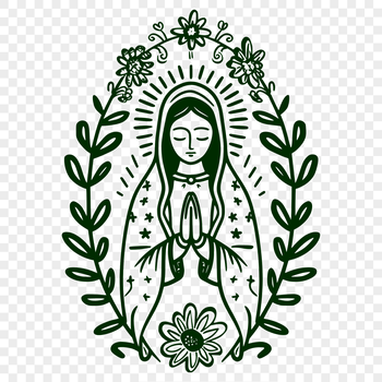 A traditional depiction of the Virgin Mary with ornate floral details.