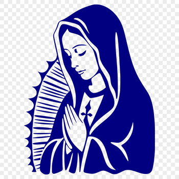 A stylized illustration of the Virgin Mary with ornate details.