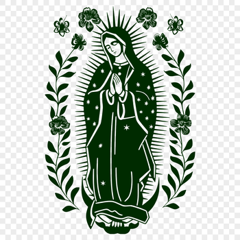 A detailed, ornate illustration of the Virgin Mary in full body form, surrounded by floral motifs.