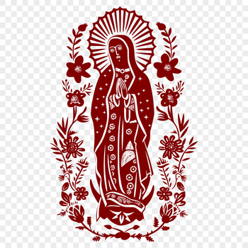 A full-body illustration of the Virgin Mary in ornate floral attire, suitable for religious artwork.