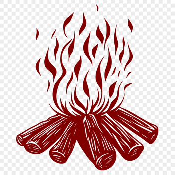 A stylized illustration of a camp fire with flames burning in the outdoors.