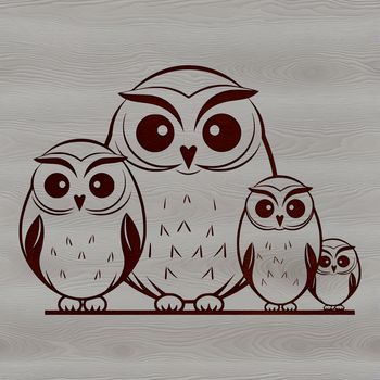 A whimsical illustration of a brown owl with big round eyes perched on a branch.