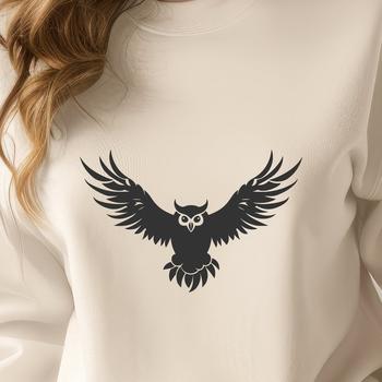 A highly detailed illustration of a full-body owl in flight, suitable for vector graphics and cutting machine designs.