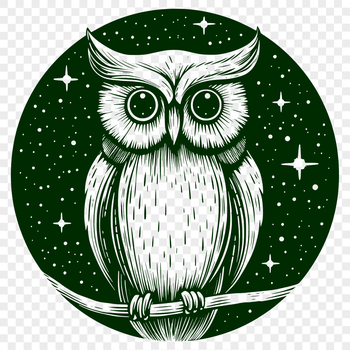 A cartoon witch standing on a full moon night, surrounded by autumnal foliage and a wise owl perched on her shoulder.