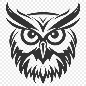 A detailed illustration of an owl's head, featuring feathers and facial details.