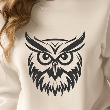 A detailed illustration of an owl's head with sharp feathers and expressive eyes.