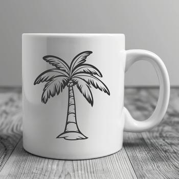 Silhouetted palm trees against a bright blue sky with fluffy white clouds.