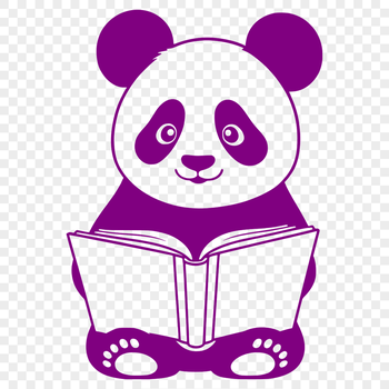 A simple illustration of a panda sitting on a tree stump, reading a book.
