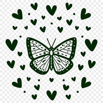 A colorful butterfly with love hearts on its body, ideal for gardening-related designs.