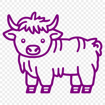 Full-body illustration of a standing Highland cow on a farm background.