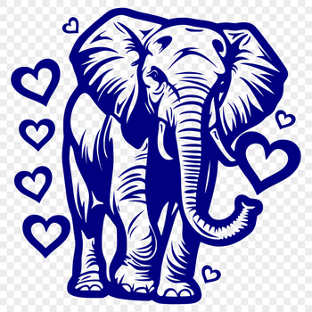 A full-body illustration of a standing elephant featuring love hearts incorporated into its design.