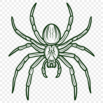 A vector illustration of a witch surrounded by spiders in a dark Halloween setting.