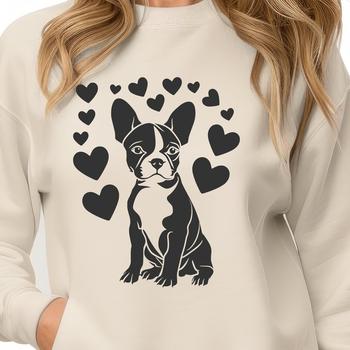 Boston Terrier breed dog sitting on its haunches with heart shapes surrounding it in a vector design format.