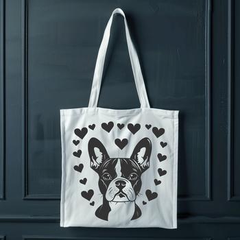 Boston Terrier dog breed illustration with heart accents on its head and body, suitable for vector art and design projects.