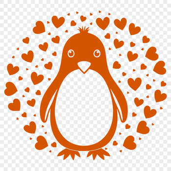 A simple illustration of a penguin standing on one foot, surrounded by love hearts.