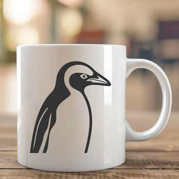A single penguin standing on the ice, set against a simple white background.