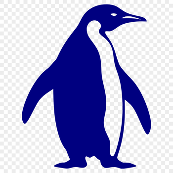 A black and white illustration of a full-body penguin with distinctive feathers.