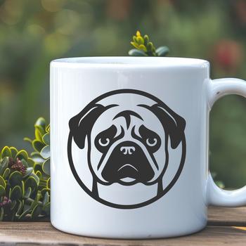 Simple line drawing illustration of a pug's head.