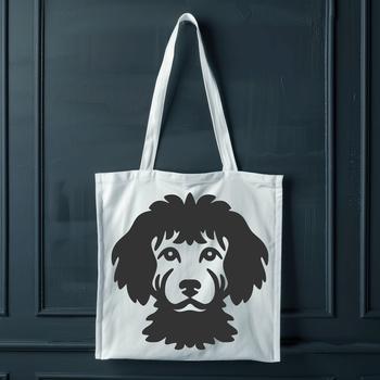 A simple line drawing illustration of a poodle's head.