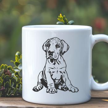 A full-body illustration of a Great Dane breed dog sitting on its haunches.