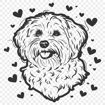 A digital illustration of a Havanese dog with hearts on its head.