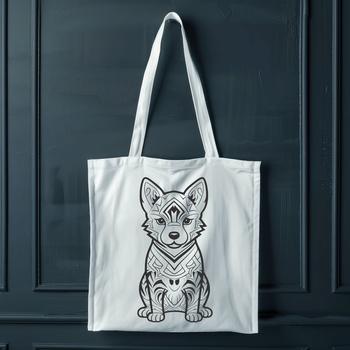 A sitting Shiba Inu with an ornate design.