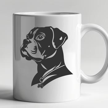A detailed illustration of a Boxer dog's head with a strong, distinctive muzzle and floppy ears.