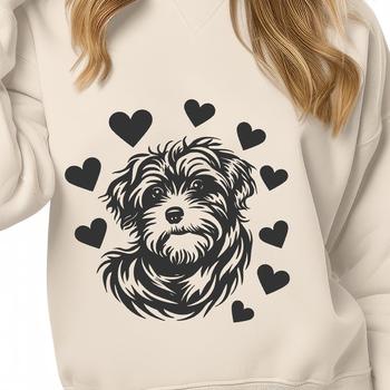 A stylized illustration of a Havanese dog's head surrounded by love hearts.