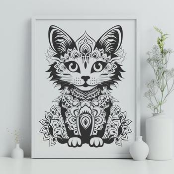A sitting cartoon cat in ornate design, suitable for clip art and vector art projects.