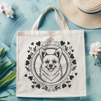 A stylized illustration of a Welsh Corgi's head with intricate details and ornate patterns surrounding its features.