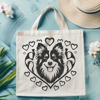 A high-quality vector illustration of a Shetland Sheepdog's head with love hearts surrounding it.