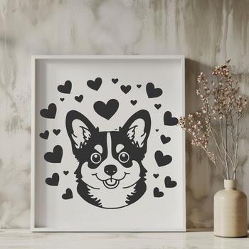 A digital illustration of a smiling Welsh Corgi's head with heart-shaped accents.